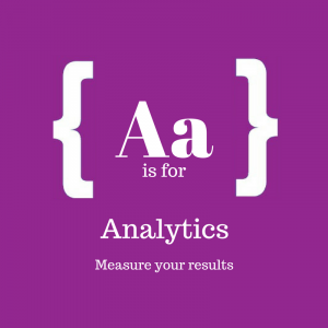 Purple square with text: A is for Analytics